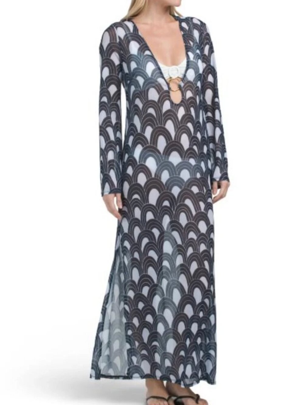 New Trina Turk Sheer Scallop Print Navy/White Swim Cover-Up Maxi Dress Med NWT